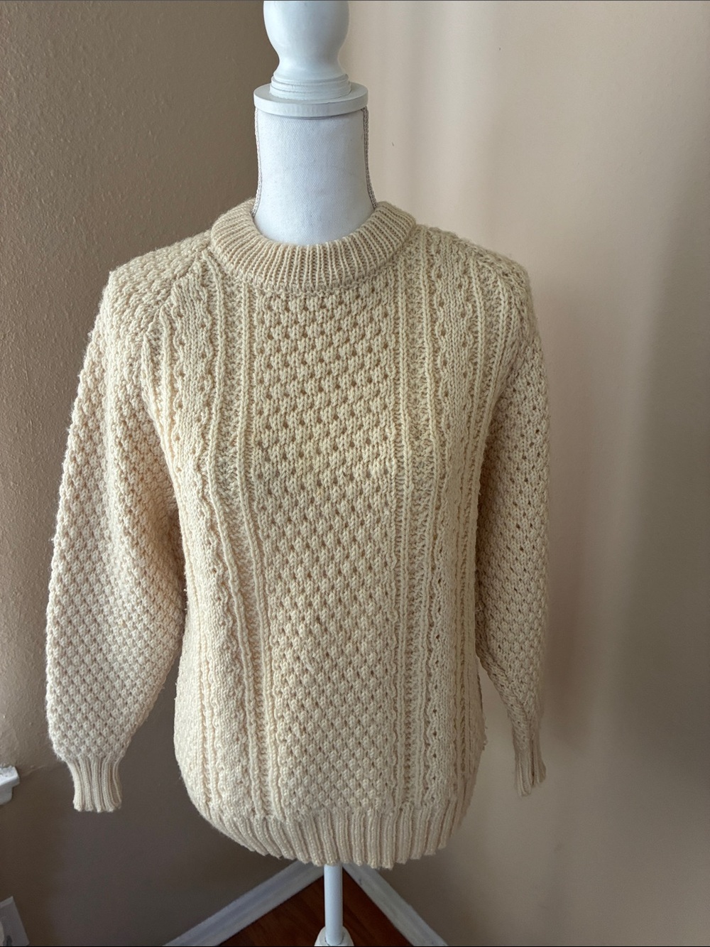 Vintage Lisheem Aran sweater Knit irish pure new wool chunky cable knit pullover